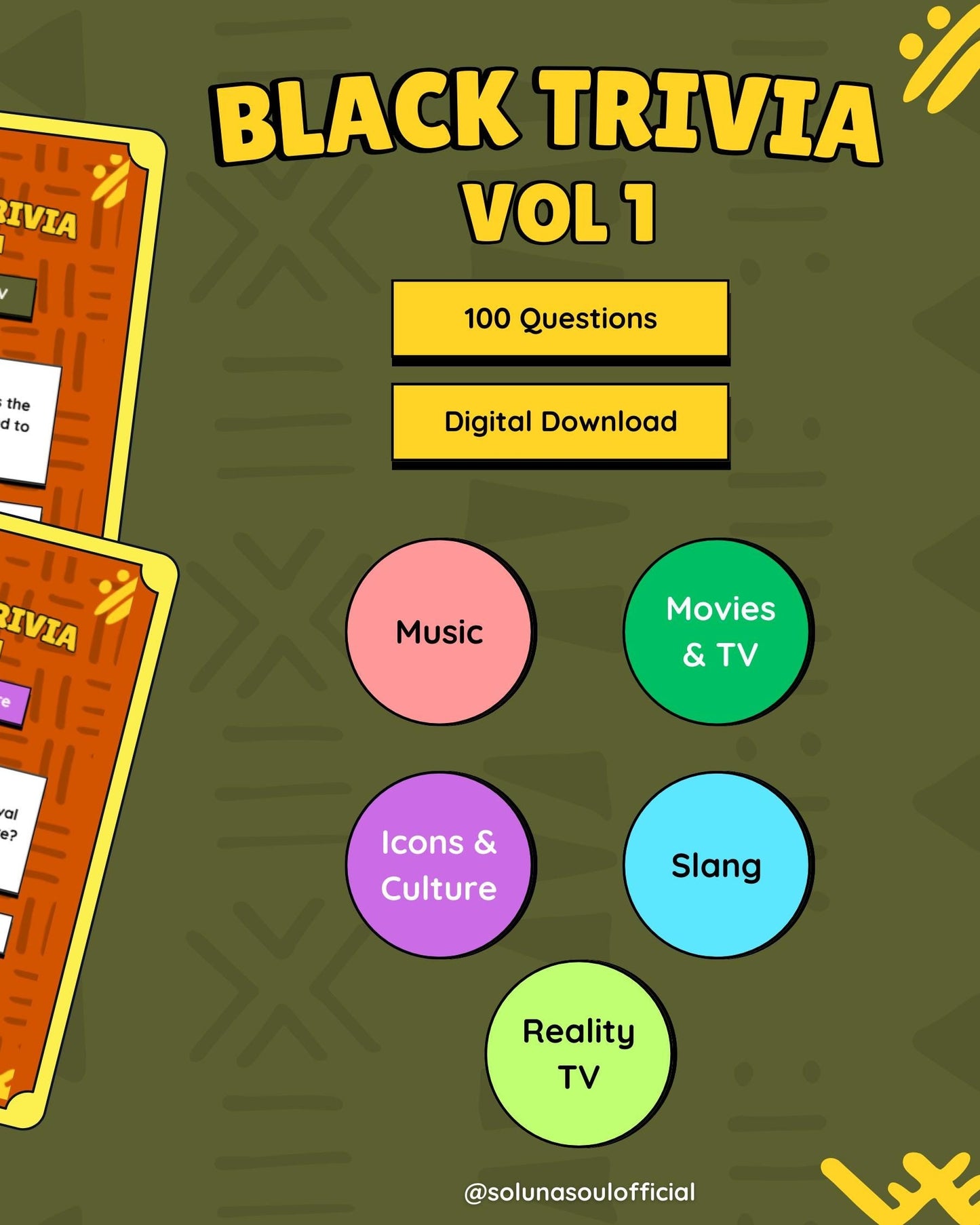 Four 'Black Trivia Vol. 1' cards with a digital download option on a green background.