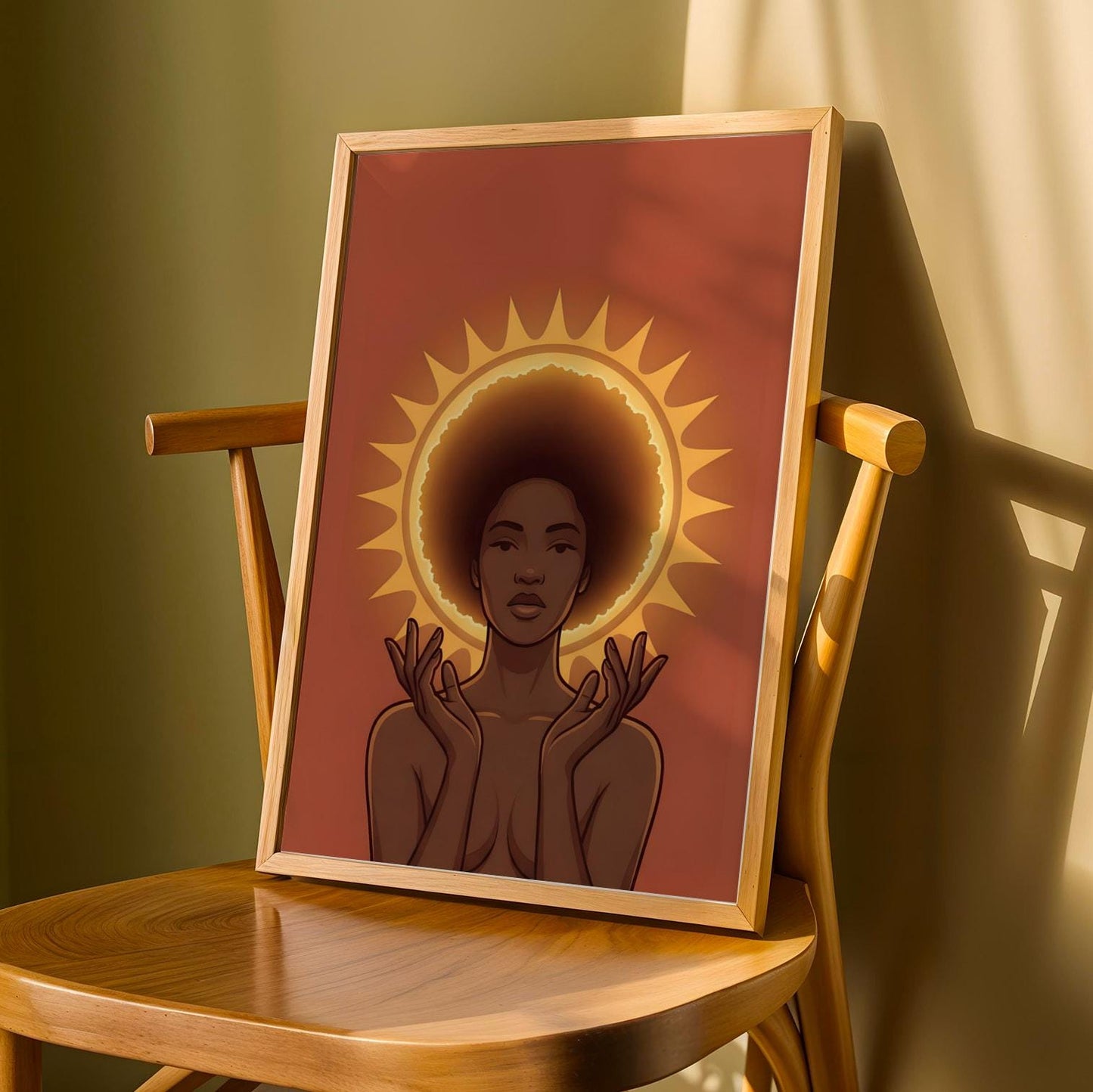 Divine Black Woman Wall Art | Afro Goddess Sun Halo Print | Spiritual Decor Soluna Soul