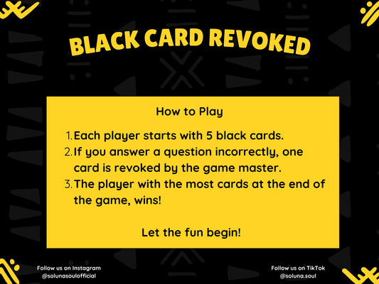 Black Card Revoked Game: General Knowledge, Africa, Famous Sayings, Food, Music Soluna Soul