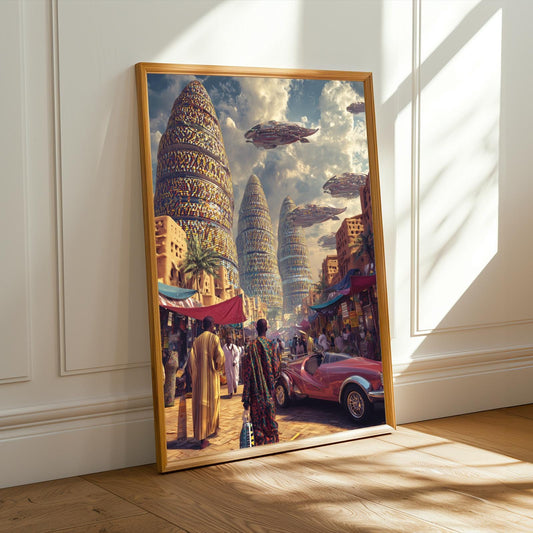 Futuristic Marketplace Poster – Gold and Red and Blue and Beige Sci-Fi Art | Afrofuturism Print for Living Room or Office – Art Lovers Decor
