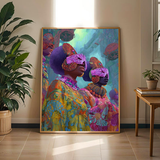 Futuristic Figures Art – Purple and Orange, Pink, Blue, Yellow Digital Print | Afro-futurism Decor – Contemporary Wall Art for Living Room