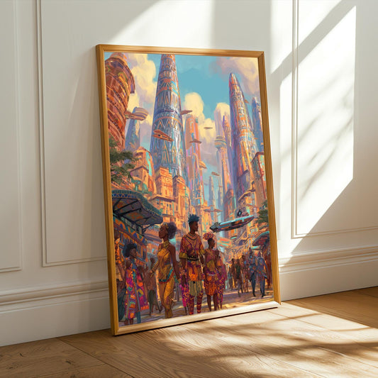 Futuristic Cityscape Poster – Orange and Teal Art | Afro-futurism and Boho Decor – Pink, Navy Wall Art for Living Room or Office
