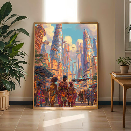 Futuristic Cityscape Poster – Orange and Teal Art | Afro-futurism and Boho Decor – Pink, Navy Wall Art for Living Room or Office