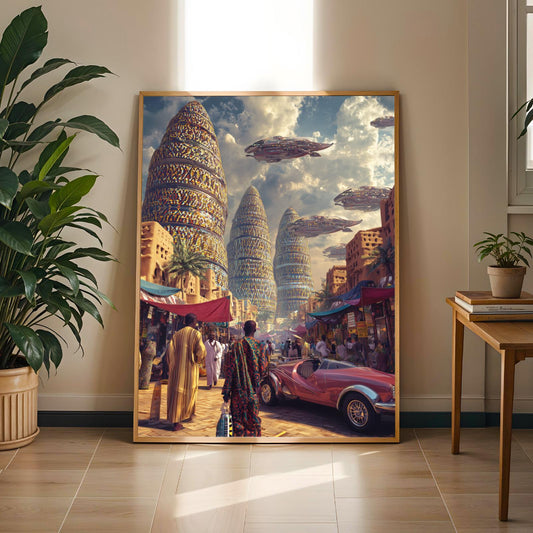 Futuristic Marketplace Poster – Gold and Red and Blue and Beige Sci-Fi Art | Afrofuturism Print for Living Room or Office – Art Lovers Decor