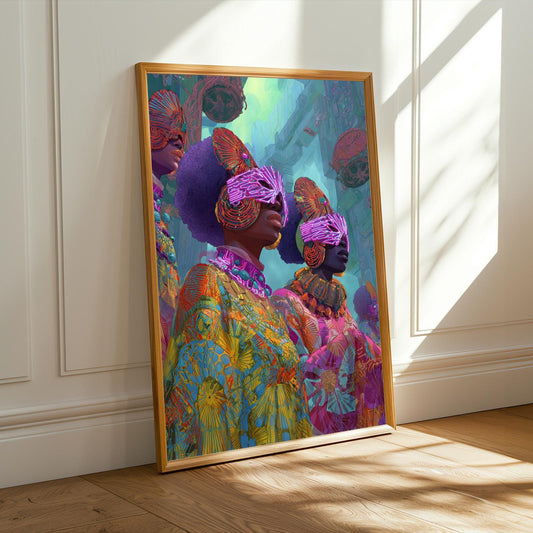 Futuristic Figures Art – Purple and Orange, Pink, Blue, Yellow Digital Print | Afro-futurism Decor – Contemporary Wall Art for Living Room