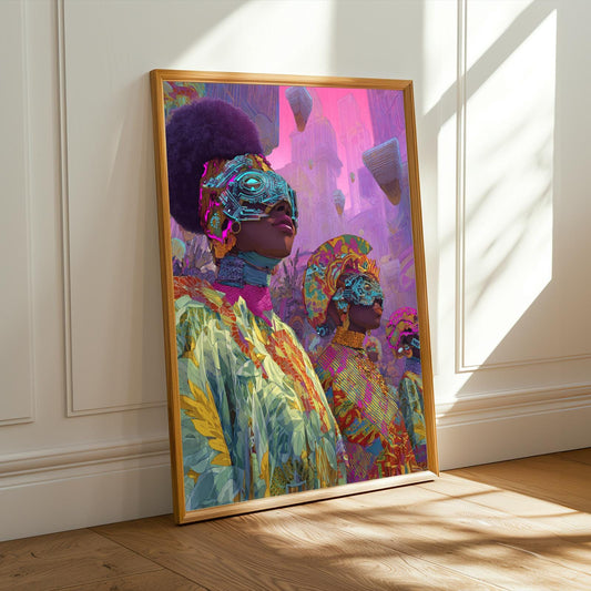 Afrofuturism Cityscape Poster – Pink and Teal Art | Modern Surrealism – Vibrant Wall Decor for Living Room, Bedroom, Office