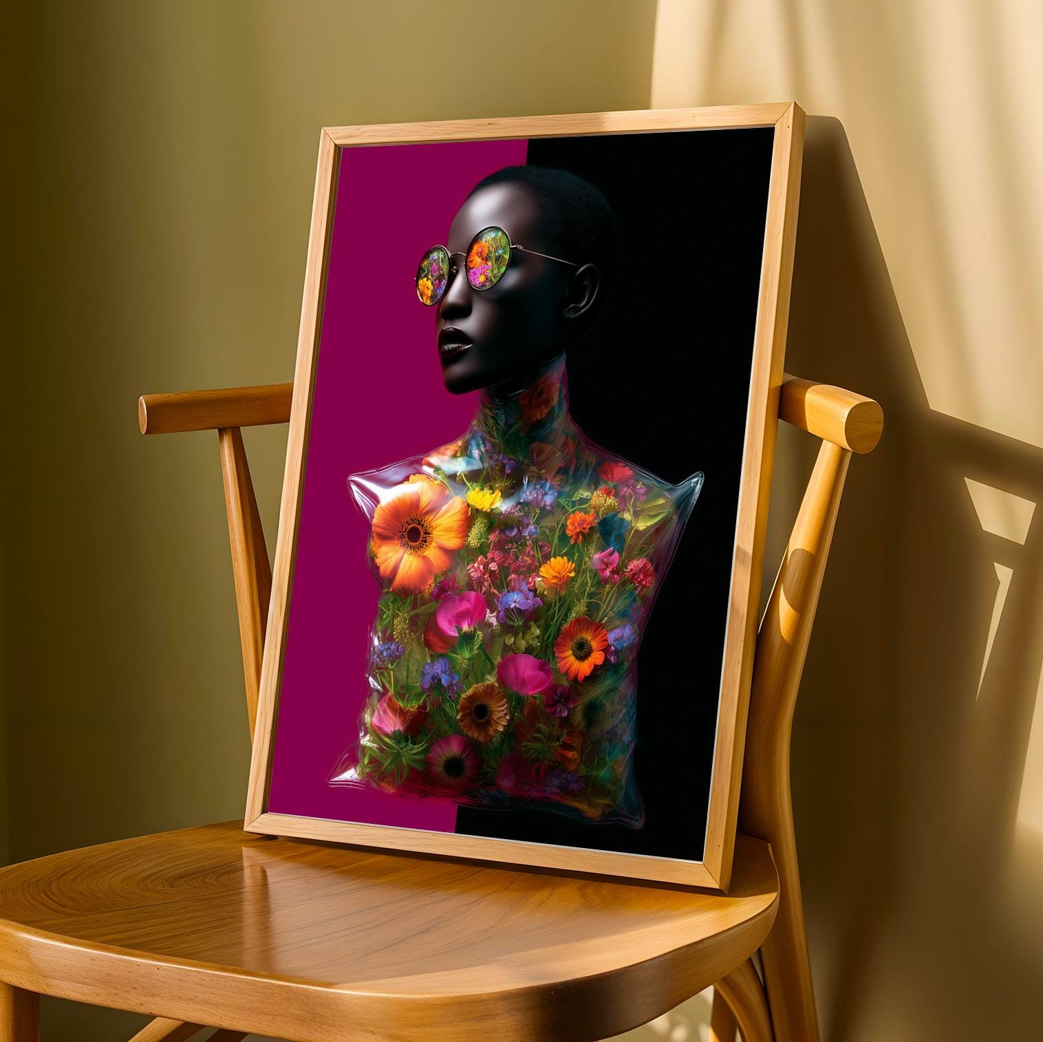 Surreal Floral Portrait Wall Art Print: Neon Futuristic Fashion Soluna Soul