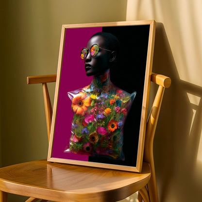 Surreal Floral Portrait Wall Art Print: Neon Futuristic Fashion Soluna Soul