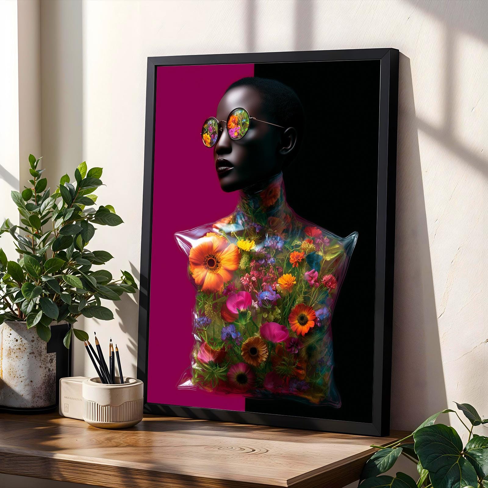 Surreal Floral Portrait Wall Art Print: Neon Futuristic Fashion Soluna Soul
