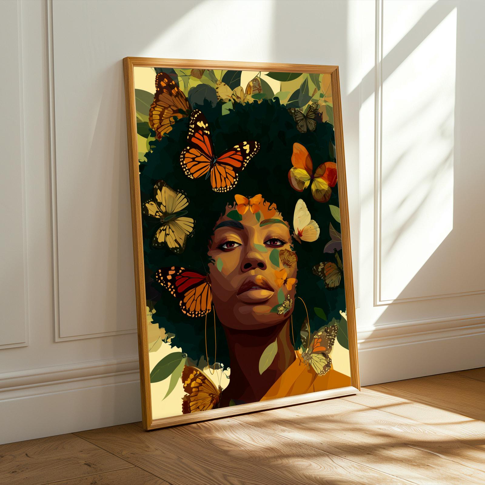 Black Woman Butterfly Art Print | Afrocentric Portrait, Nature Inspired (Poster Print Only) Soluna Soul