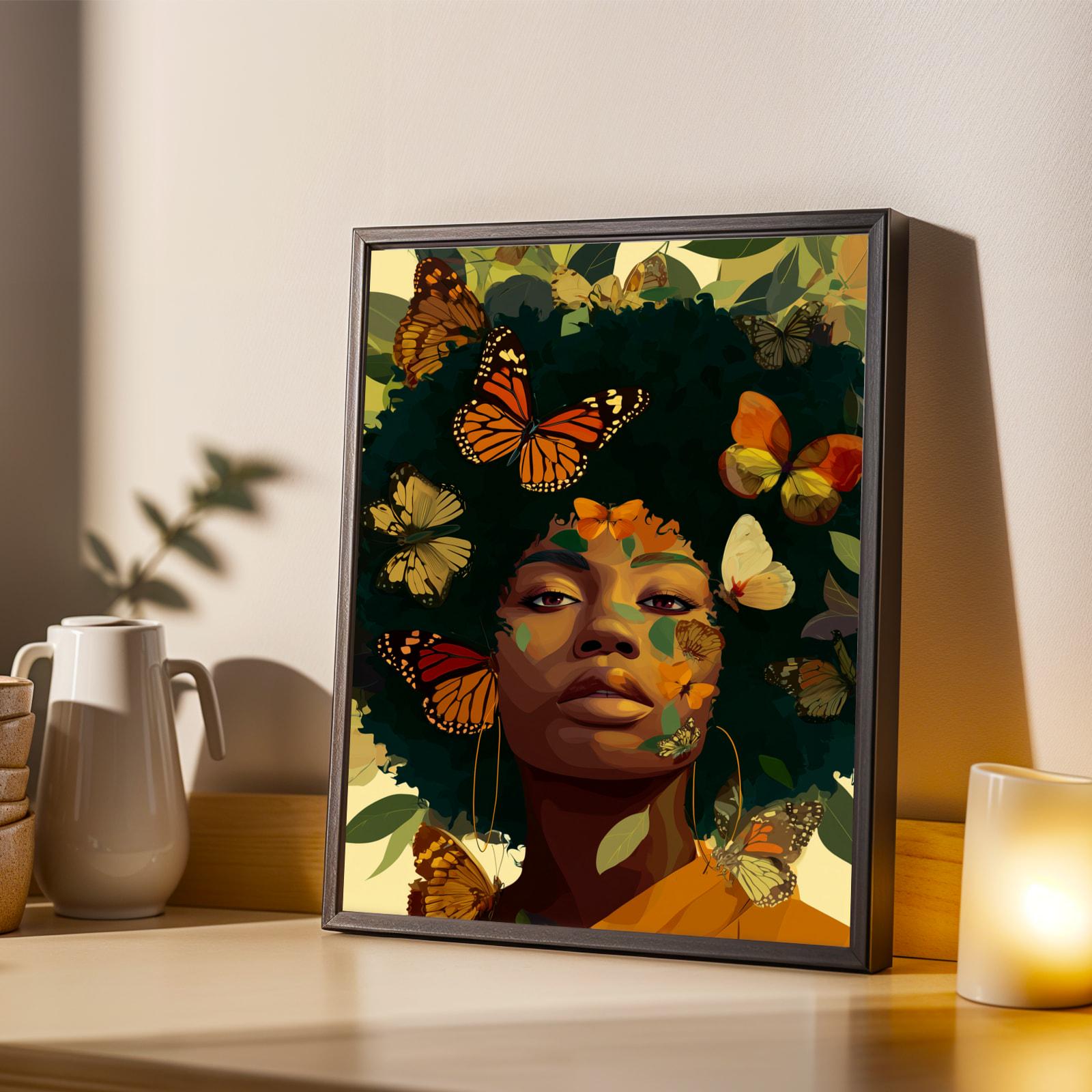 Black Woman Butterfly Art Print | Afrocentric Portrait, Nature Inspired (Poster Print Only) Soluna Soul