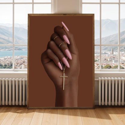 Black Woman Faith Art Print | Gold Cross, Pink Nails (Poster Only) Soluna Soul