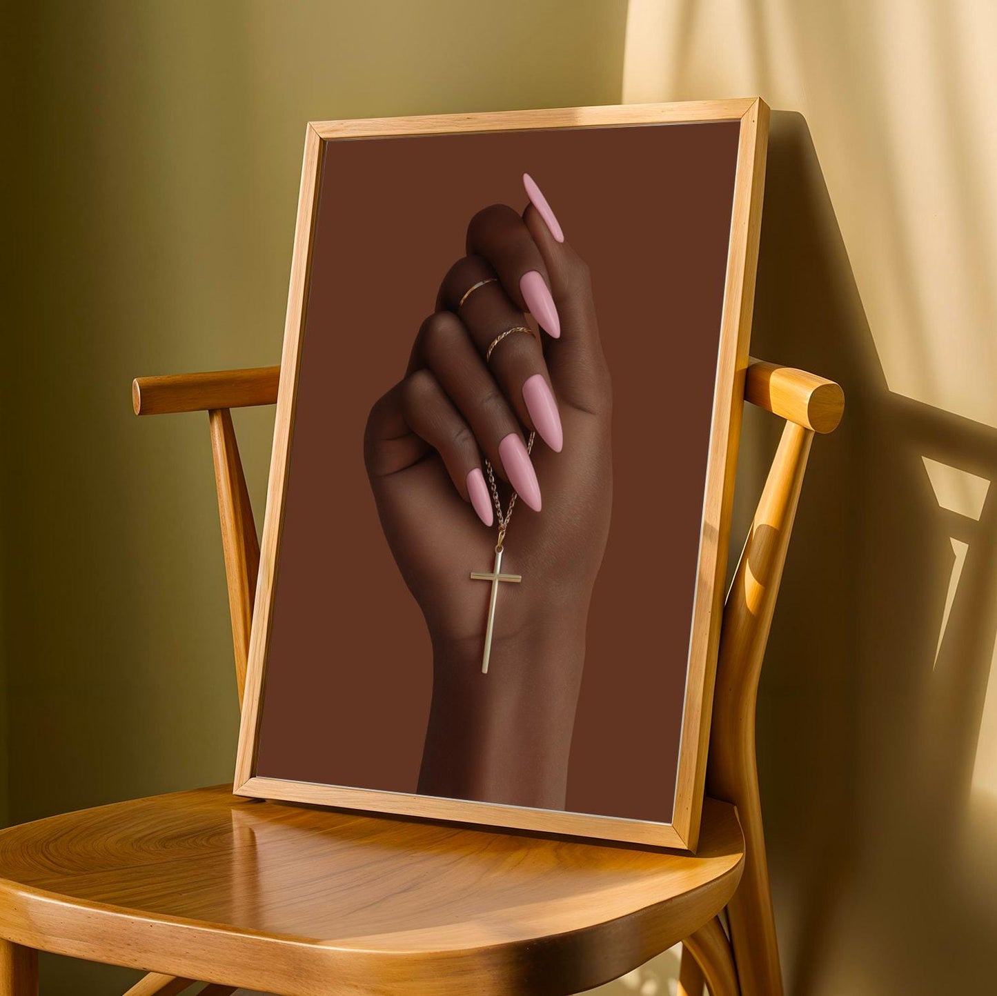 Black Woman Faith Art Print | Gold Cross, Pink Nails (Poster Only) Soluna Soul