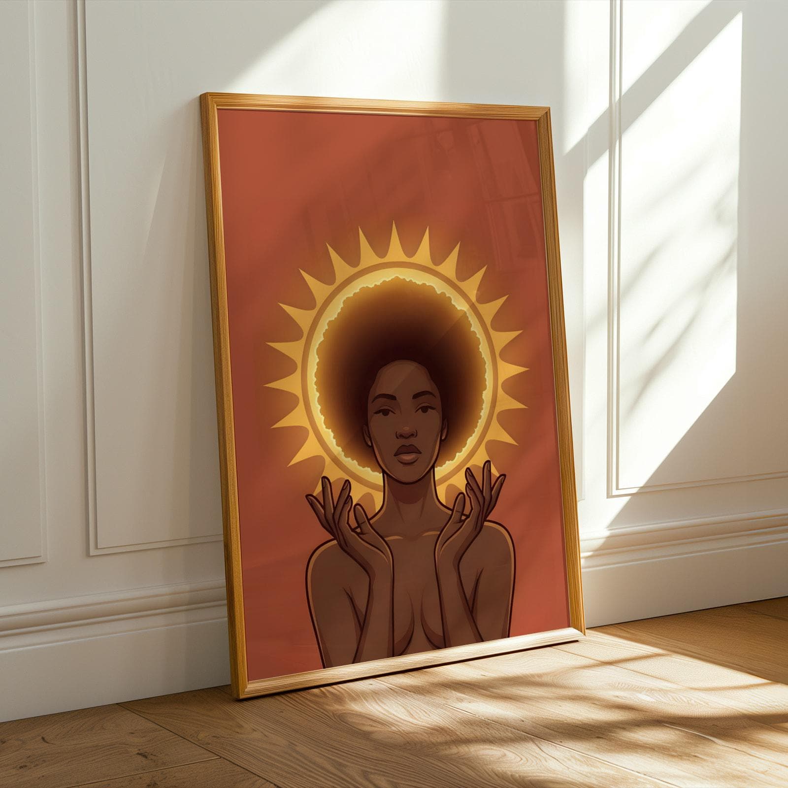 Divine Black Woman Wall Art | Afro Goddess Sun Halo Print | Spiritual Decor Soluna Soul