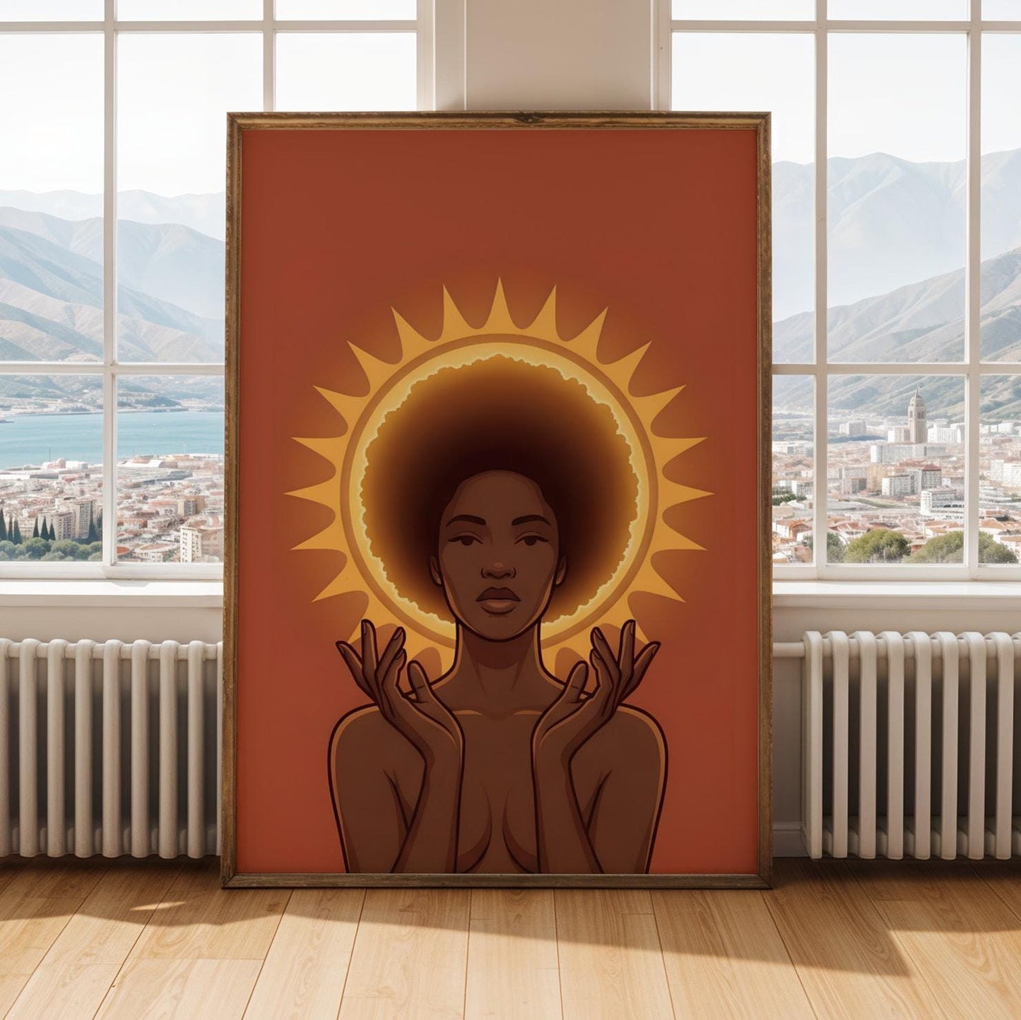 Divine Black Woman Wall Art | Afro Goddess Sun Halo Print | Spiritual Decor Soluna Soul
