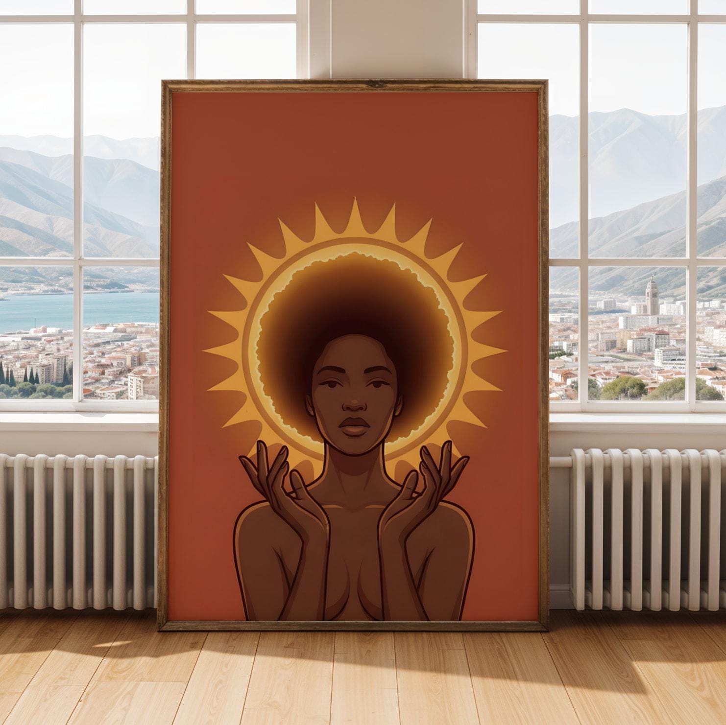 Divine Black Woman Wall Art | Afro Goddess Sun Halo Print | Spiritual Decor Soluna Soul