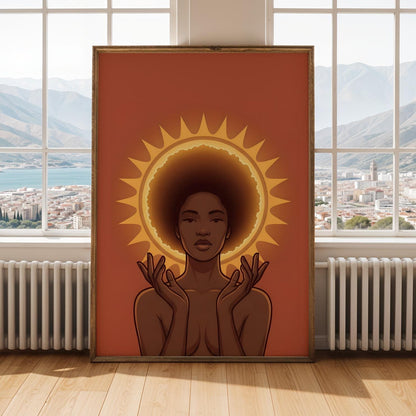 Divine Black Woman Wall Art | Afro Goddess Sun Halo Print | Spiritual Decor Soluna Soul