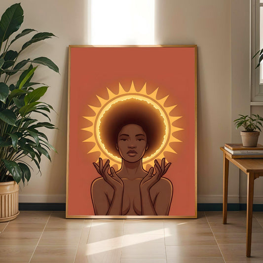 Divine Black Woman Wall Art | Afro Goddess Sun Halo Print | Spiritual Decor Soluna Soul
