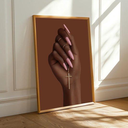 Black Woman Faith Art Print | Gold Cross, Pink Nails (Poster Only) Soluna Soul