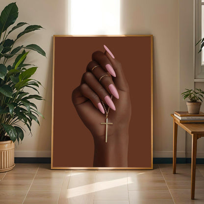 Black Woman Faith Art Print | Gold Cross, Pink Nails (Poster Only) Soluna Soul