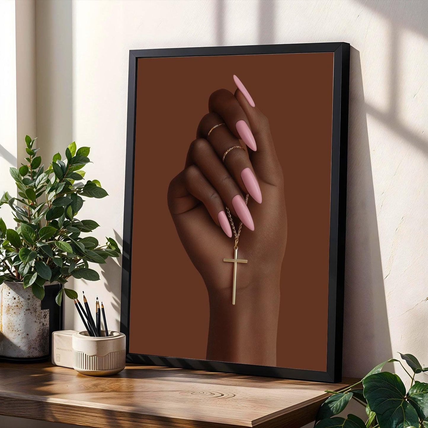 Black Woman Faith Art Print | Gold Cross, Pink Nails (Poster Only) Soluna Soul