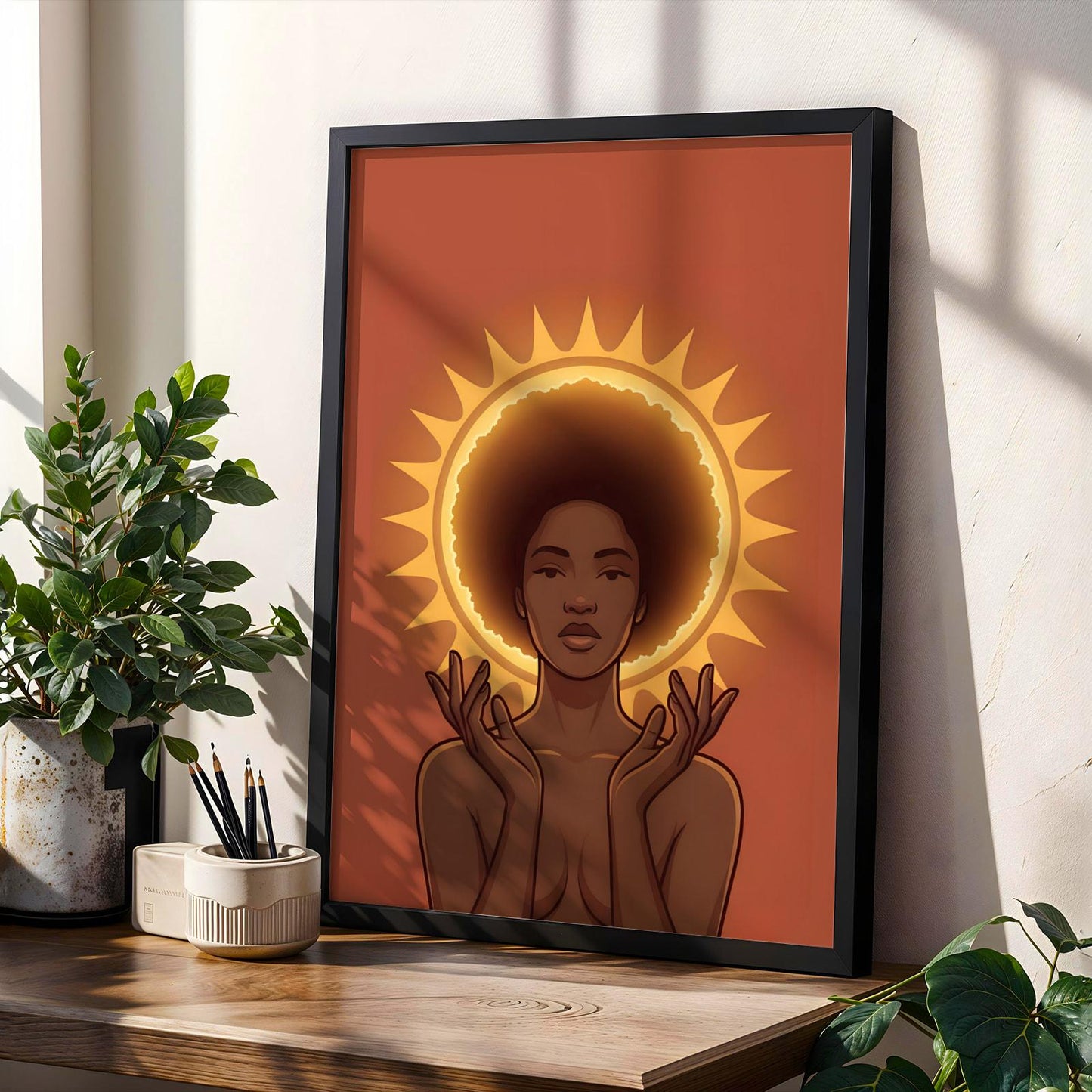 Divine Black Woman Wall Art | Afro Goddess Sun Halo Print | Spiritual Decor Soluna Soul