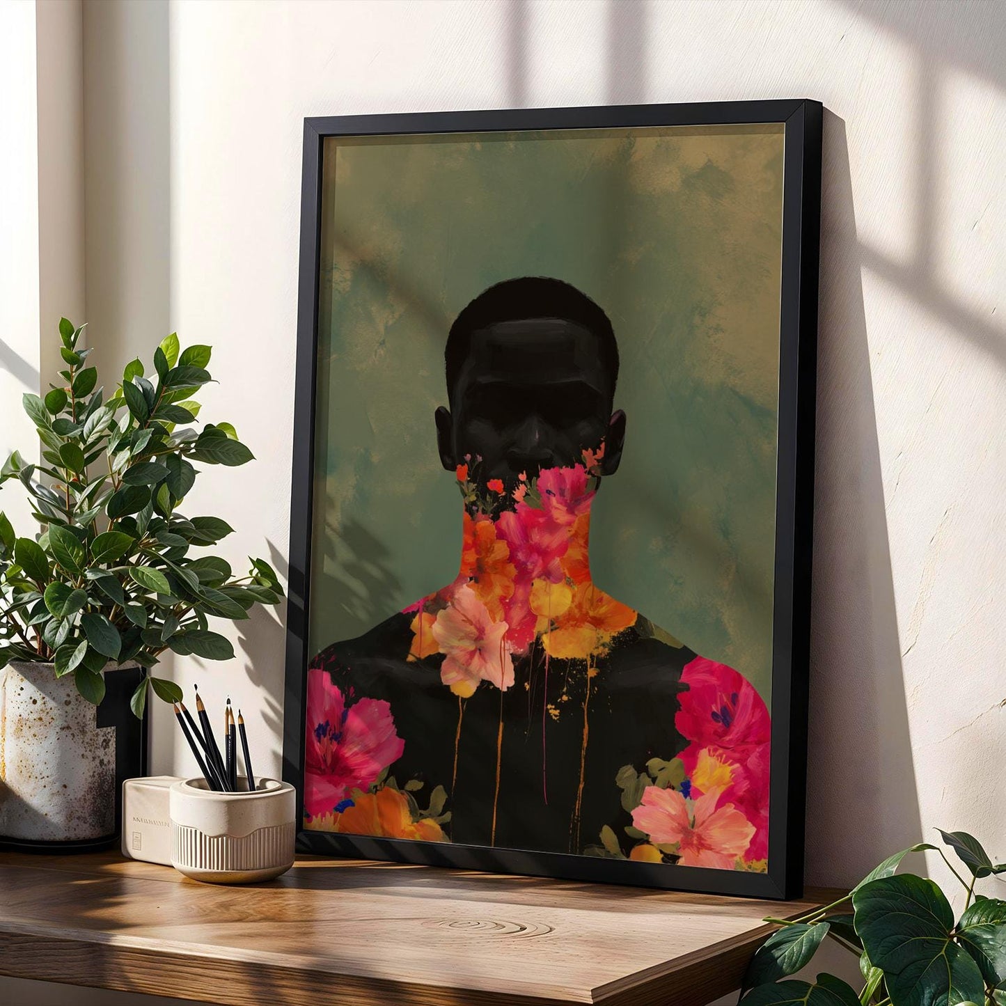 Black Man Floral Portrait Wall Art Print Soluna Soul