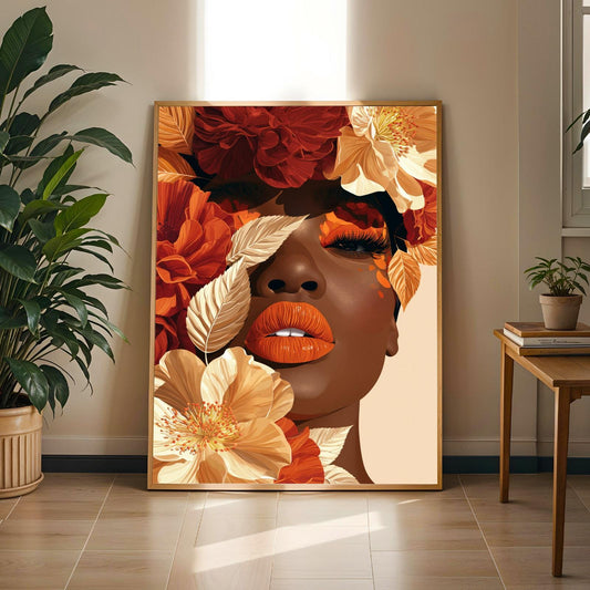 Floral Woman Portrait Art Print – Modern, Burgundy and Cream Petals Soluna Soul