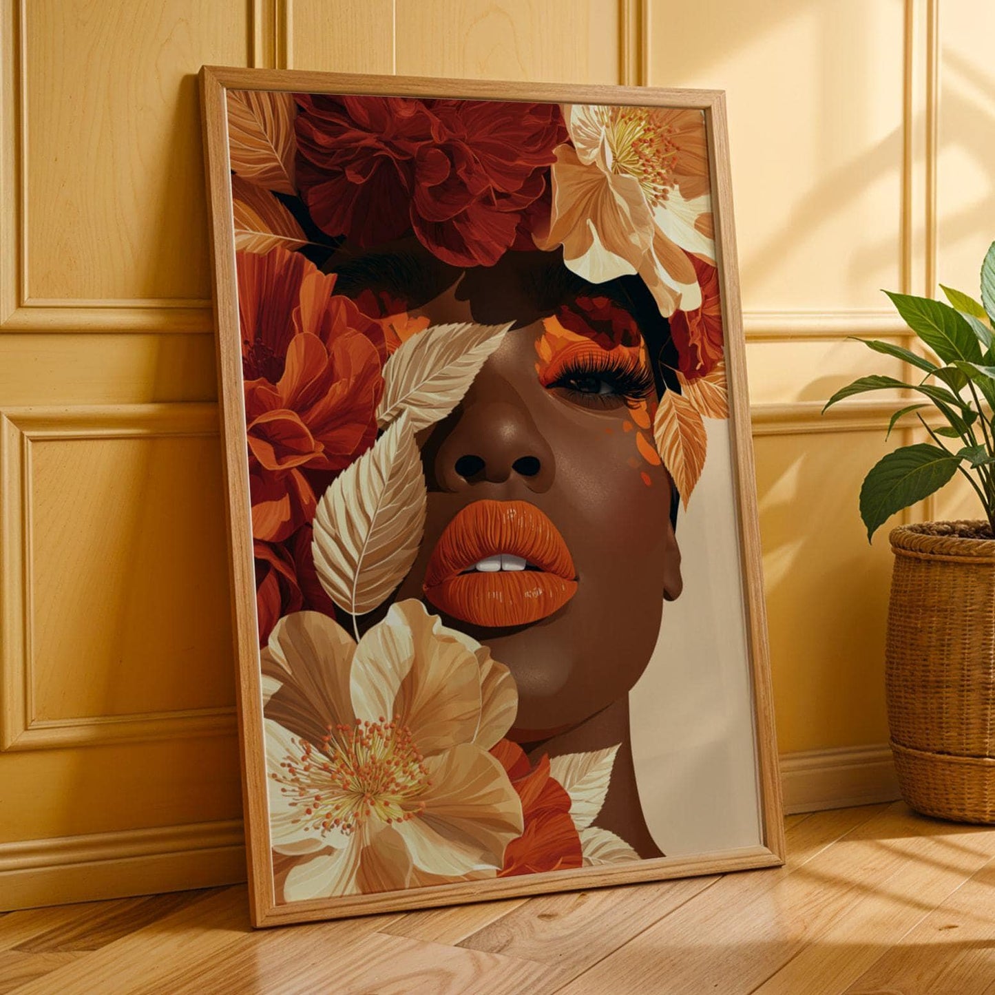 Floral Woman Portrait Art Print – Modern, Burgundy and Cream Petals Soluna Soul