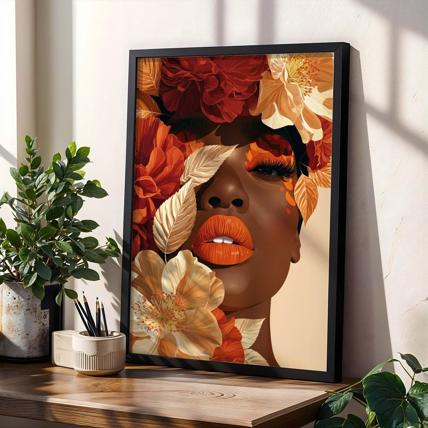 Floral Woman Portrait Art Print – Modern, Burgundy and Cream Petals Soluna Soul