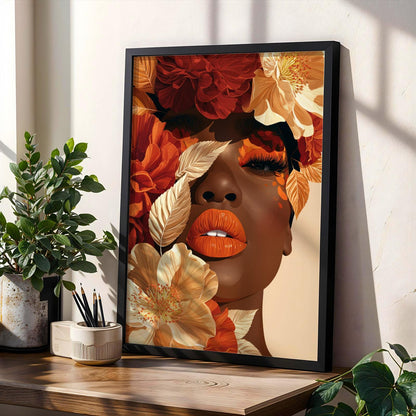 Floral Woman Portrait Art Print – Modern, Burgundy and Cream Petals Soluna Soul