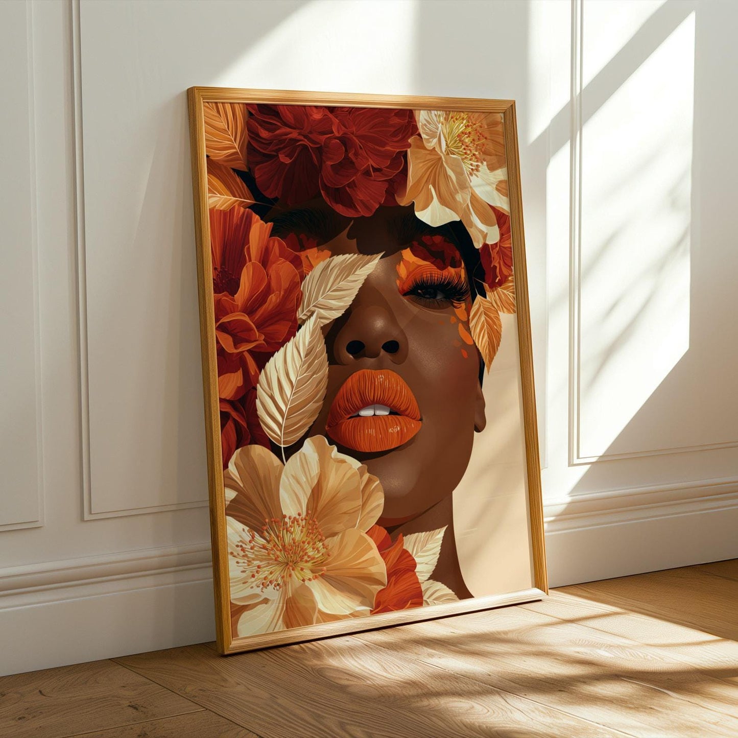 Floral Woman Portrait Art Print – Modern, Burgundy and Cream Petals Soluna Soul