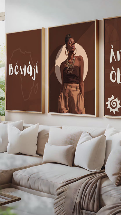 Yoruba Elegance: 3-Piece Afrocentric Wall Art Print